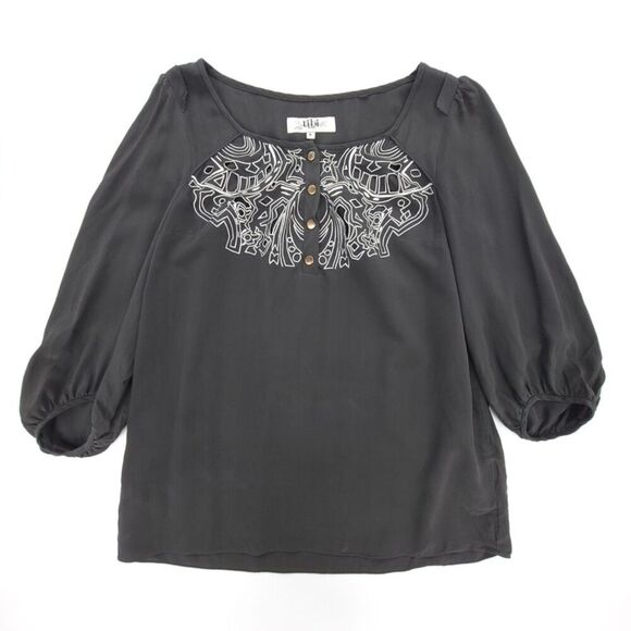 TIBI 100% Silk Boho Embroidered Top Balloon Sleeve Blouse Minimal Boho Gray 6 - Picture 1 of 7